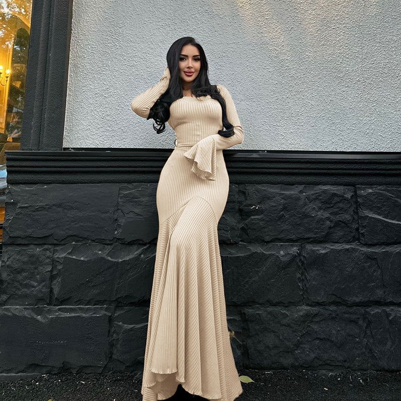 round Neck Waist Trimming Flared Long Sleeve Dress Elegant Fishtail Solid Color Dress