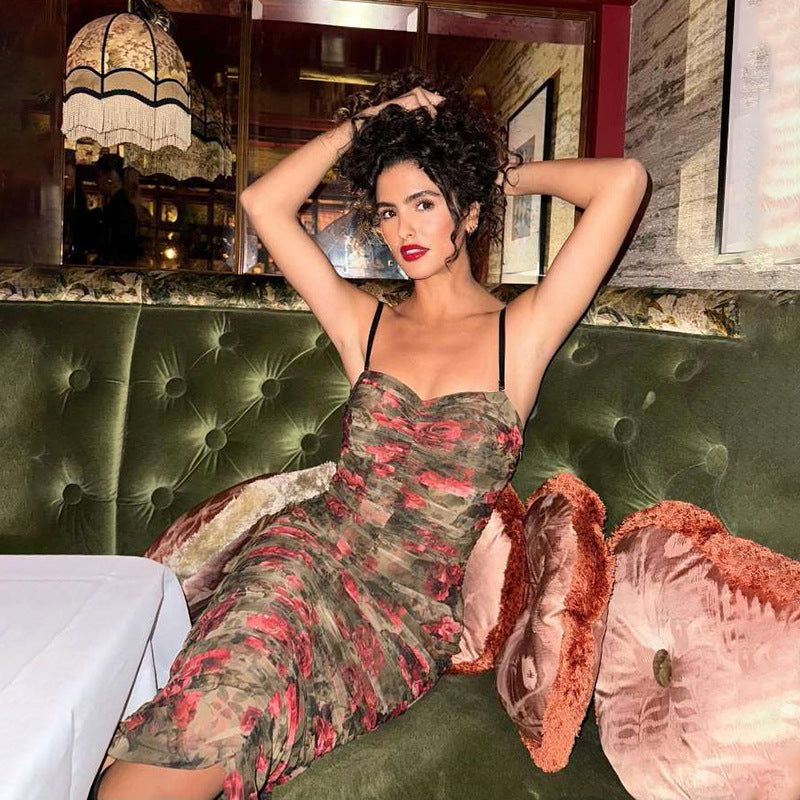 Retro Backless Pleated Suspender Printing Dress