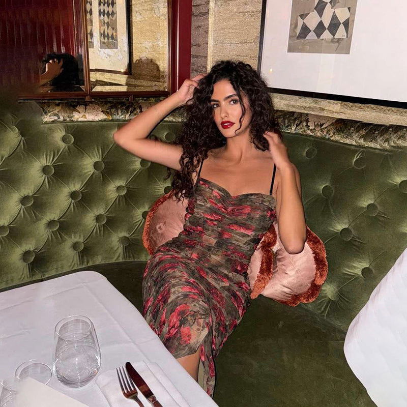 Retro Backless Pleated Suspender Printing Dress