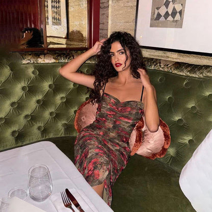 Retro Backless Pleated Suspender Printing Dress