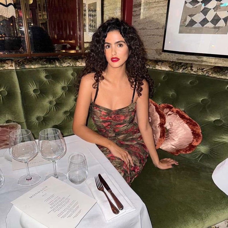 Retro Backless Pleated Suspender Printing Dress