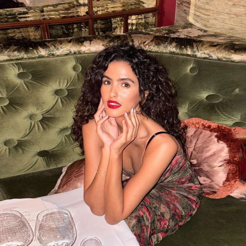 Retro Backless Pleated Suspender Printing Dress