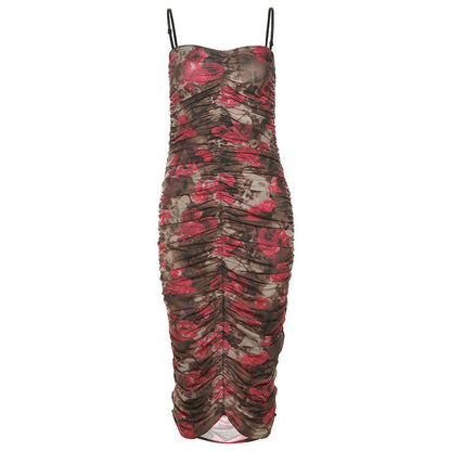 Retro Backless Pleated Suspender Printing Dress