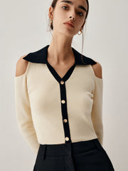Colorblock Open Collar Cutout Modern Crop Long Sleeve Top Sweaters-L