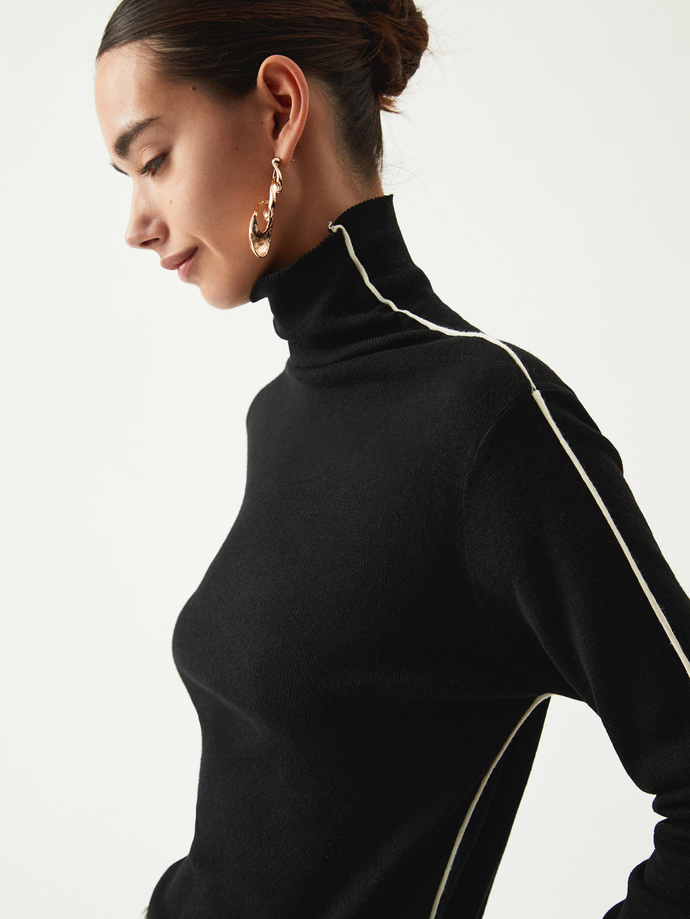 Contrast Piping Turtleneck Trendy Long Sleeve Top Tank Tops & Camis