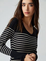 Contrast Trim Striped Crew Modern Neck Knit Sweater Dress Sweaters-L