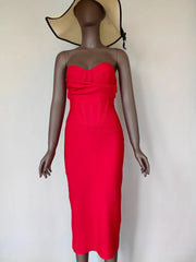 Sexy Strapless Backless Split Bustier Red Christmas Party Dress Dresses-L