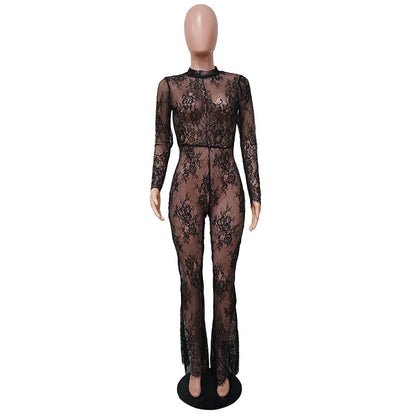 JuliaFashion - Fashion Black Lace Perspective Plus Size Long Sleeve Jumpsuits