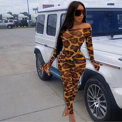 JuliaFashion - Leopard Off-The-Shoulder Flare Long Sleeve Women's Jumpsuits