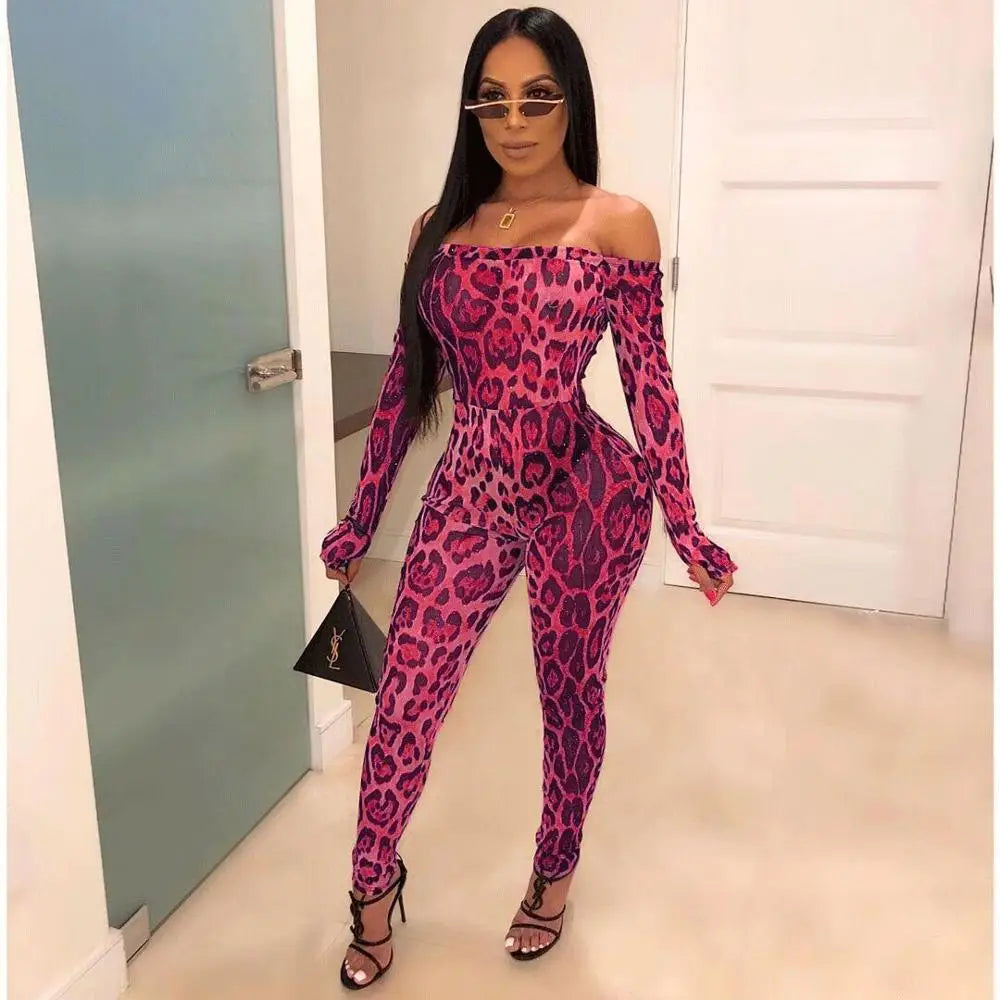 JuliaFashion - Leopard Off-The-Shoulder Flare Long Sleeve Women's Jumpsuits