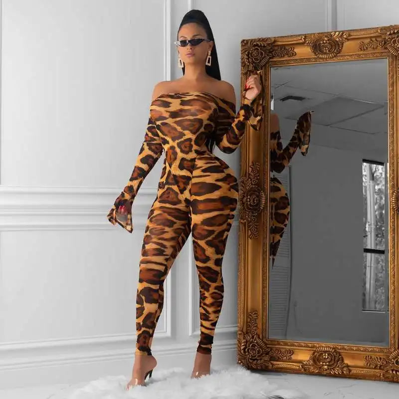 JuliaFashion - Leopard Off-The-Shoulder Flare Long Sleeve Women's Jumpsuits