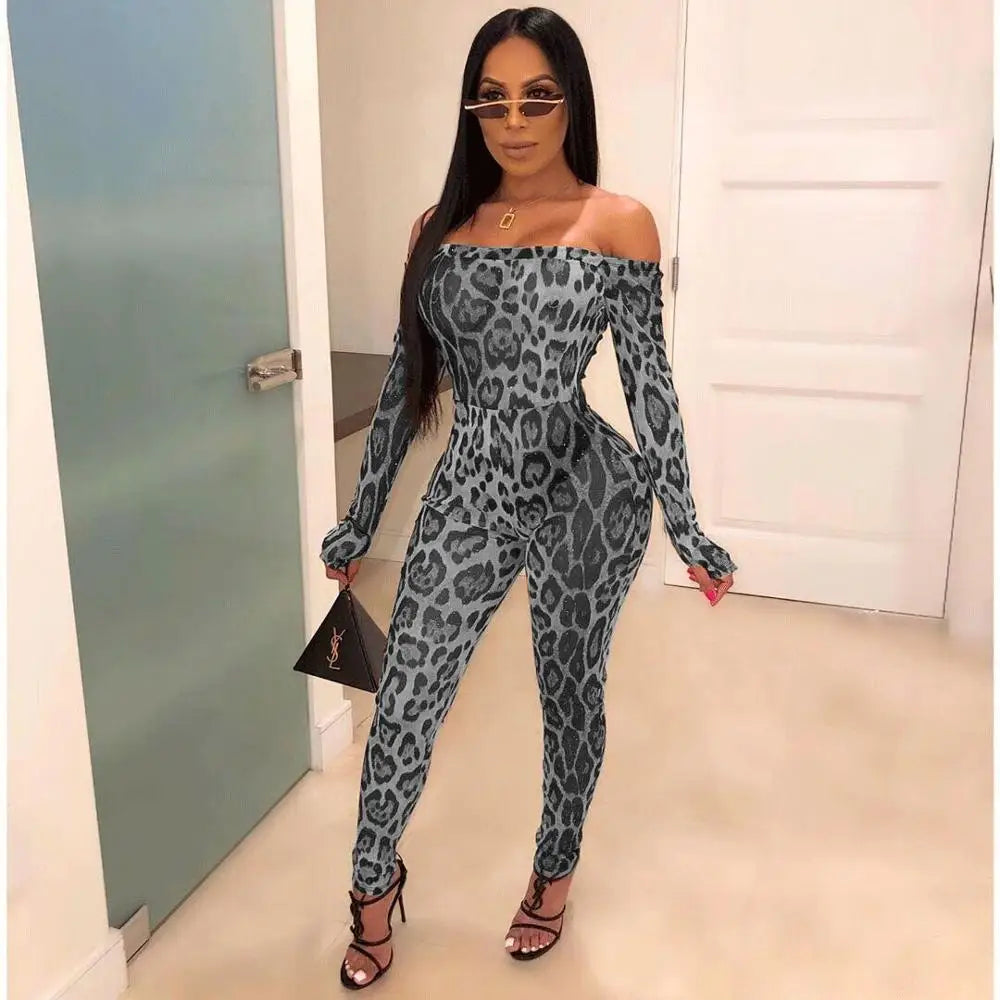 JuliaFashion - Leopard Off-The-Shoulder Flare Long Sleeve Women's Jumpsuits