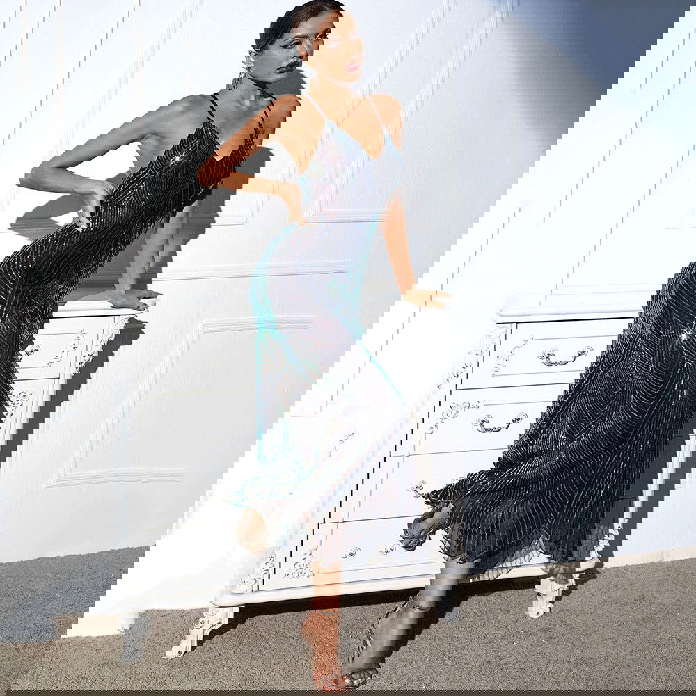 Backless Retro Spaghetti Straps Sequ Dress Dress