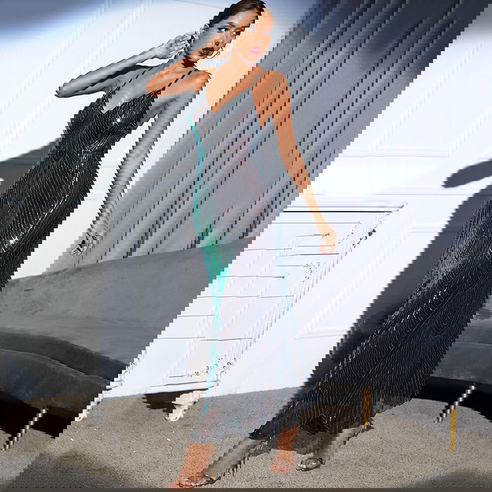 Backless Retro Spaghetti Straps Sequ Dress Dress