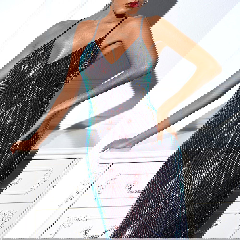 Backless Retro Spaghetti Straps Sequ Dress Dress