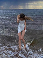 Julia Fashion - Basic White Spaghetti-strap Sleeveless A-line Mini Dress