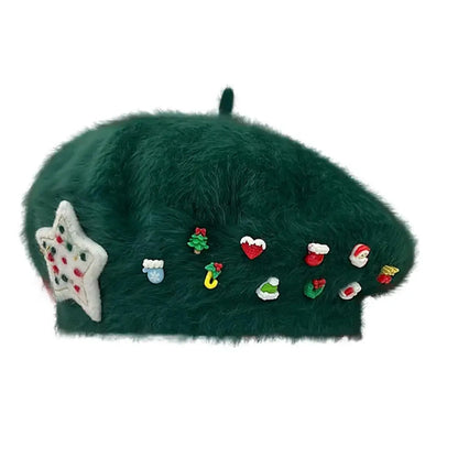 Cute Christmas French Holiday Beret Women Girls Hat Green Hat-L