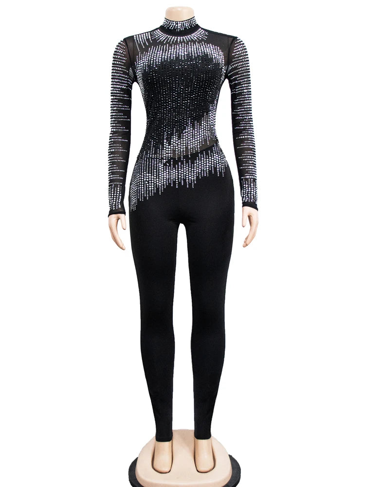 JuliaFashion - Elegant Black Rhinestone Studded Crystal Mesh Jumpsuits