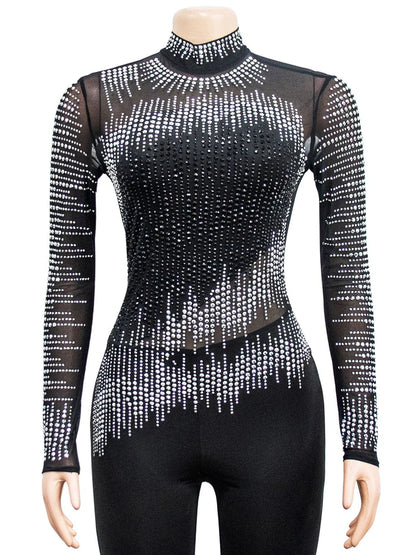 JuliaFashion - Elegant Black Rhinestone Studded Crystal Mesh Jumpsuits