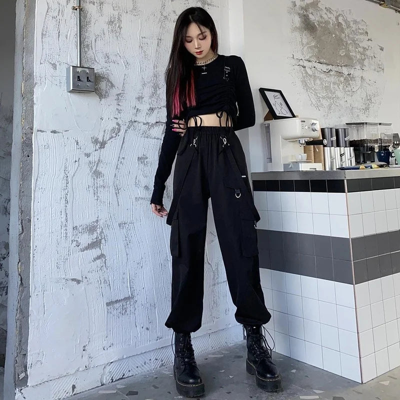 Black Cargo Pants Women Gothic High Waist Techwear Pants