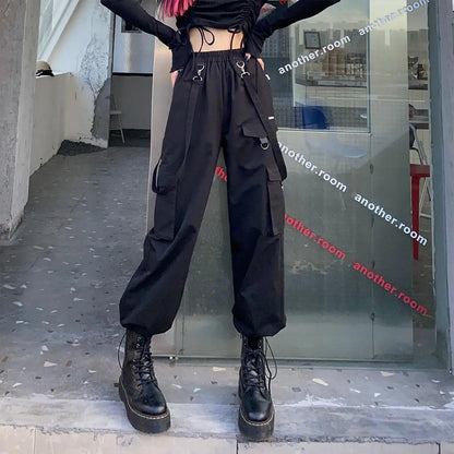 Black Cargo Pants Women Gothic High Waist Techwear Pants