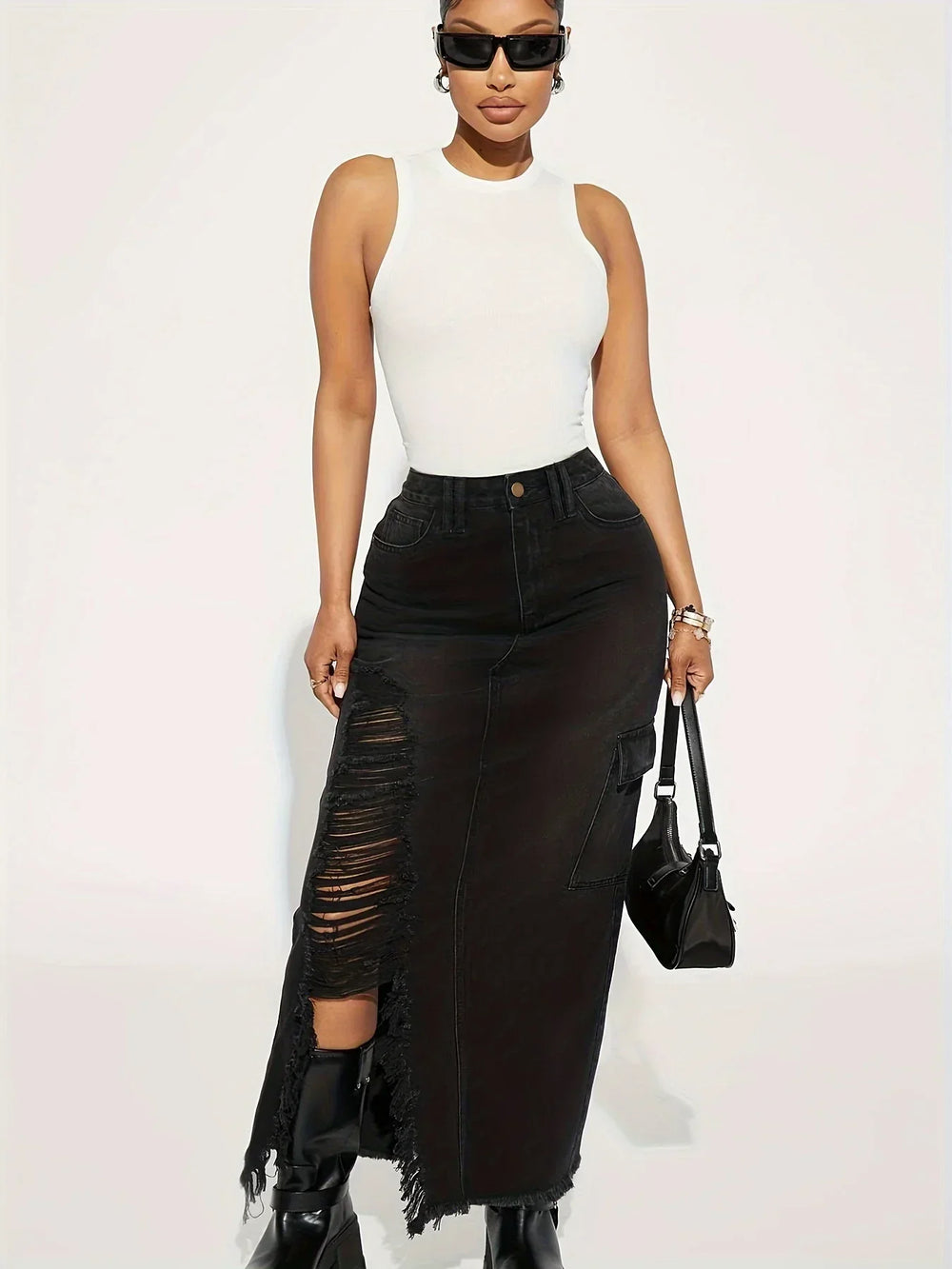 Black Flap Pockets Denim Midi Skirt Raw Hem Distressed Washed Cargo Jean