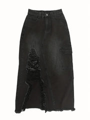 Black Flap Pockets Denim Midi Skirt Raw Hem Distressed Washed Cargo Jean