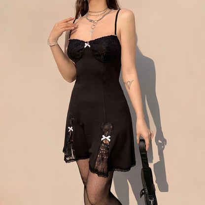 Black V Y2K Style Gothic Trim Lolita Mini Grunge A-Line Lace Sleeveless Bow Aesthetic Neck Dress