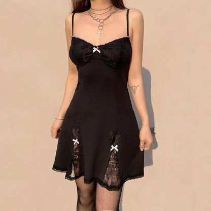 Black V Y2K Style Gothic Trim Lolita Mini Grunge A-Line Lace Sleeveless Bow Aesthetic Neck Dress