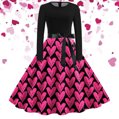 JuliaFashion - Black Love Heart Big Swing Print Vintage Valentines Day Women Winter Casual Long Sleeve Round Neck Party Femme Robe Dress
