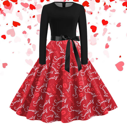 JuliaFashion - Black Love Heart Big Swing Print Vintage Valentines Day Women Winter Casual Long Sleeve Round Neck Party Femme Robe Dress