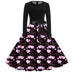 JuliaFashion - Black Love Heart Big Swing Print Vintage Valentines Day Women Winter Casual Long Sleeve Round Neck Party Femme Robe Dress