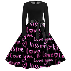JuliaFashion - Black Love Heart Big Swing Print Vintage Valentines Day Women Winter Casual Long Sleeve Round Neck Party Femme Robe Dress