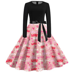 JuliaFashion - Black Love Heart Big Swing Print Vintage Valentines Day Women Winter Casual Long Sleeve Round Neck Party Femme Robe Dress