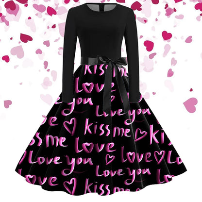 JuliaFashion - Black Love Heart Big Swing Print Vintage Valentines Day Women Winter Casual Long Sleeve Round Neck Party Femme Robe Dress