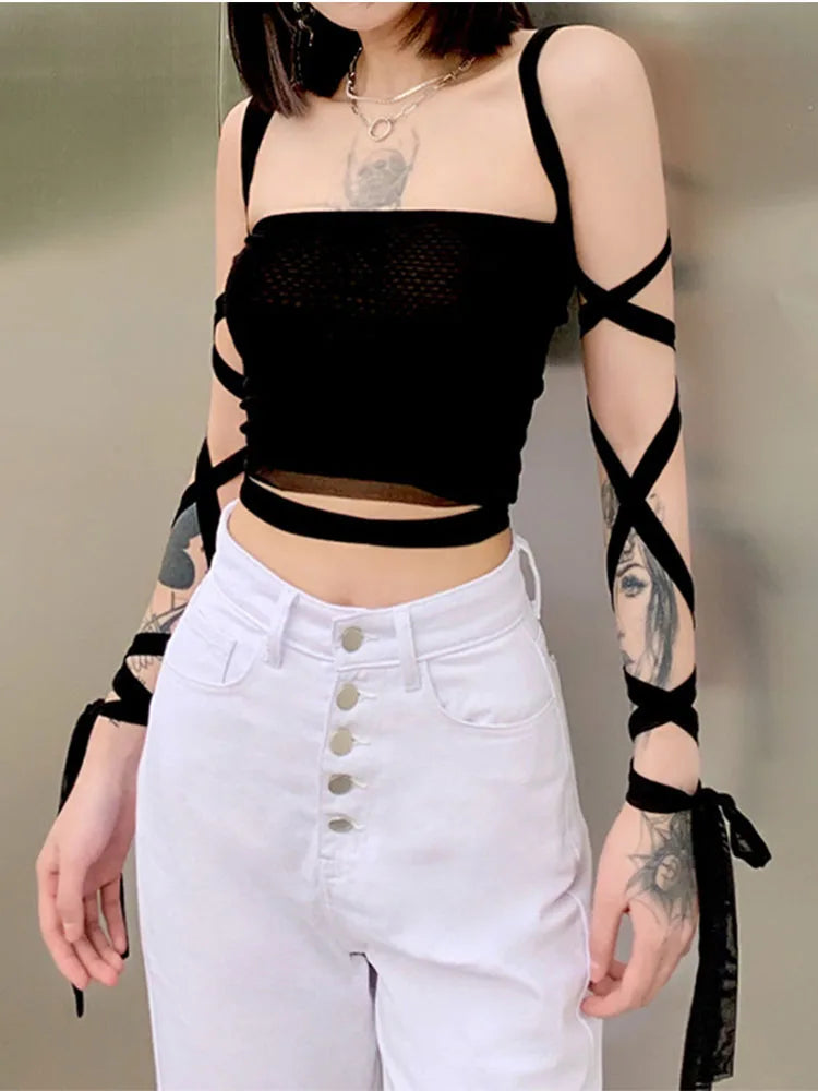 Mesh Lace Up Bandage Fairy Grunge Cyber Y2k Goth Sexy Crop Top