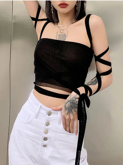 Mesh Lace Up Bandage Fairy Grunge Cyber Y2k Goth Sexy Crop Top