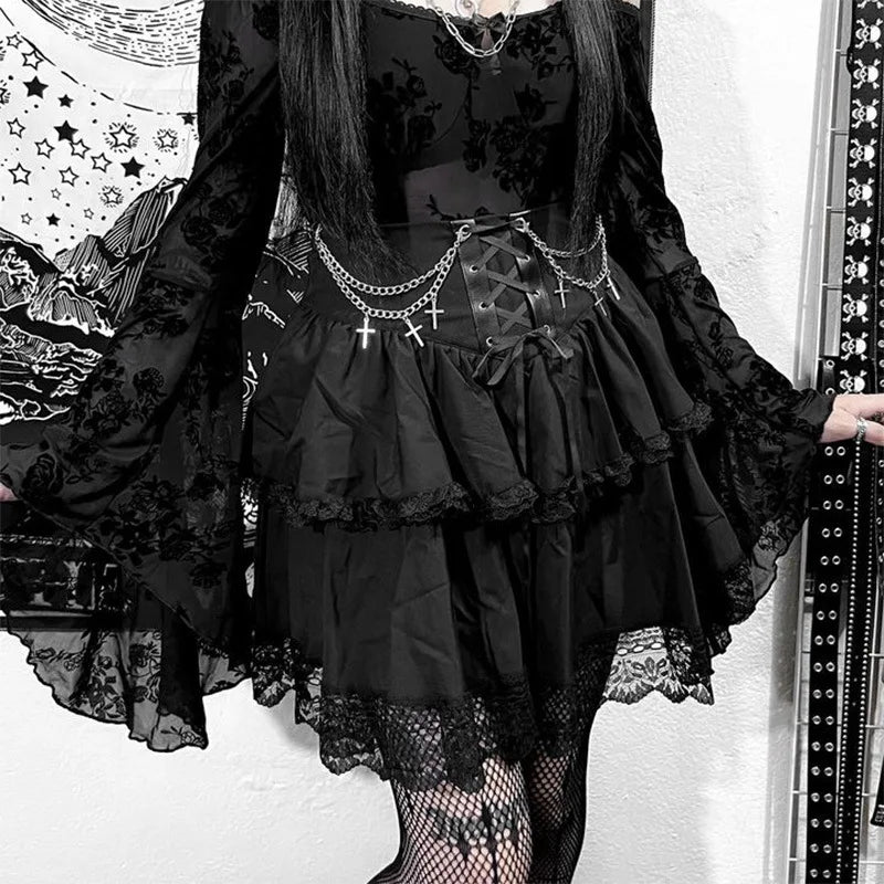 Black Mini Gothic Sexy Cute Drawstring Folds High Waist Irregular Ruffle Patchwork Fairycore Skirt