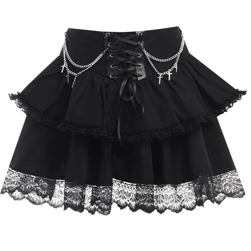 Black Mini Gothic Sexy Cute Drawstring Folds High Waist Irregular Ruffle Patchwork Fairycore Skirt