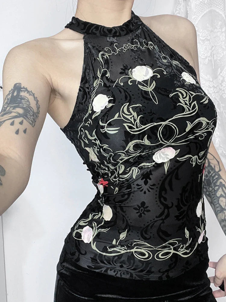 Neo-Chinese Flocking Crop Backless Plant Print Style Vintage Top