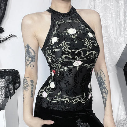 Neo-Chinese Flocking Crop Backless Plant Print Style Vintage Top