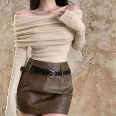 Sexy Slash Neck Pleated Knitted Sweater APRICOT / S