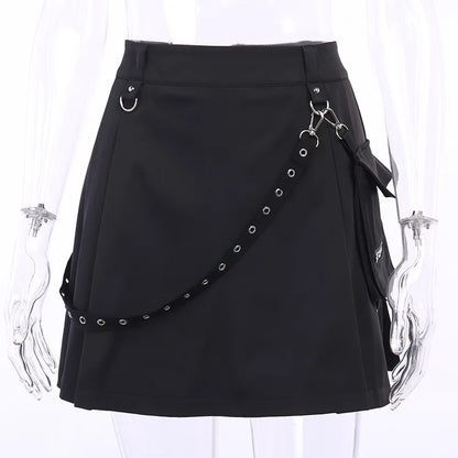 Black Functional Waist Harajuku Chain Gothic Waist Tooling High Pleated Irregular A-line Goth Y2k Skirt