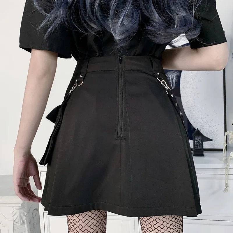 Black Functional Waist Harajuku Chain Gothic Waist Tooling High Pleated Irregular A-line Goth Y2k Skirt