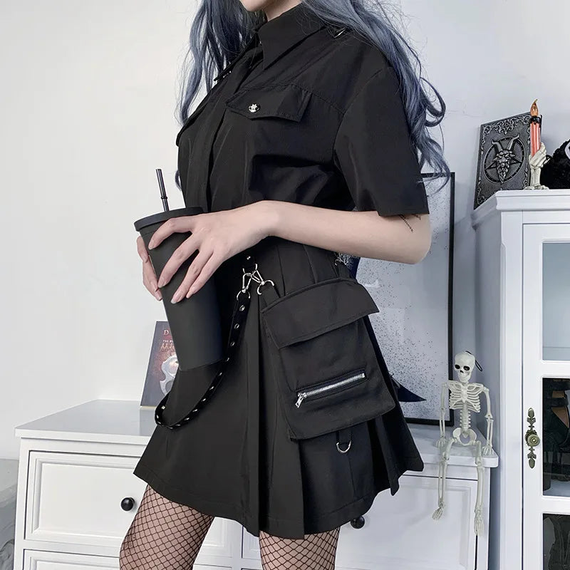 Black Functional Waist Harajuku Chain Gothic Waist Tooling High Pleated Irregular A-line Goth Y2k Skirt