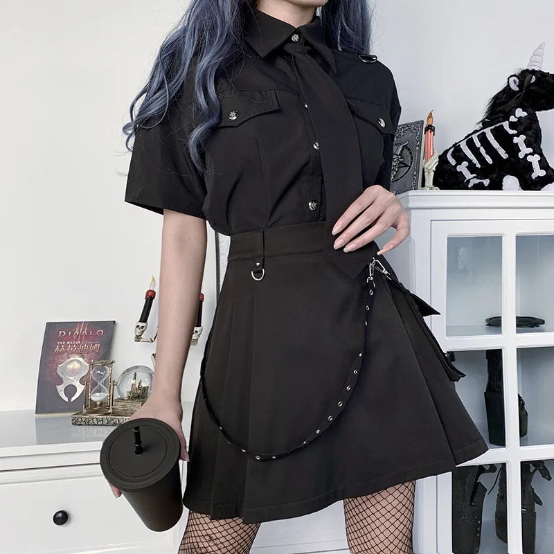 Black Functional Waist Harajuku Chain Gothic Waist Tooling High Pleated Irregular A-line Goth Y2k Skirt