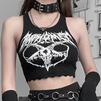 Black Knitted Grunge Punk Goth Goat Head Print Summer Sexy Sleeveless O-neck Crop Top