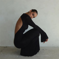 Black Turtleneck Backless Maxi For Women Elegant Evening Trumpet Sleeves 2024 Autumn Bodycon Long