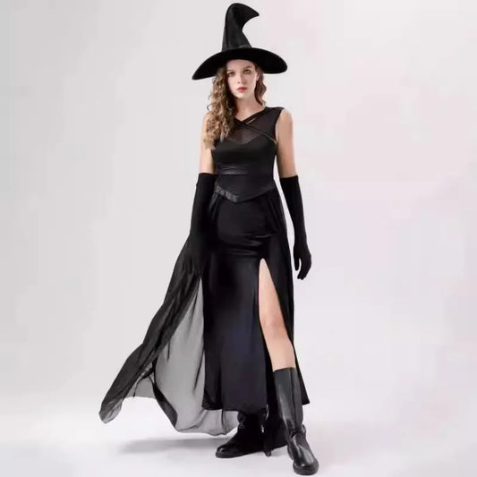 Black Witch Dress Wizard Hat Gloves Gothic Retro Vampire Cosplay Costume