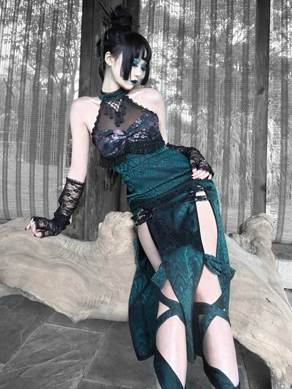 Original Design Summer Outfit Snake Halter Neck Mesh Patch New Sexy Gothic Cheongsam High Slit Outfit